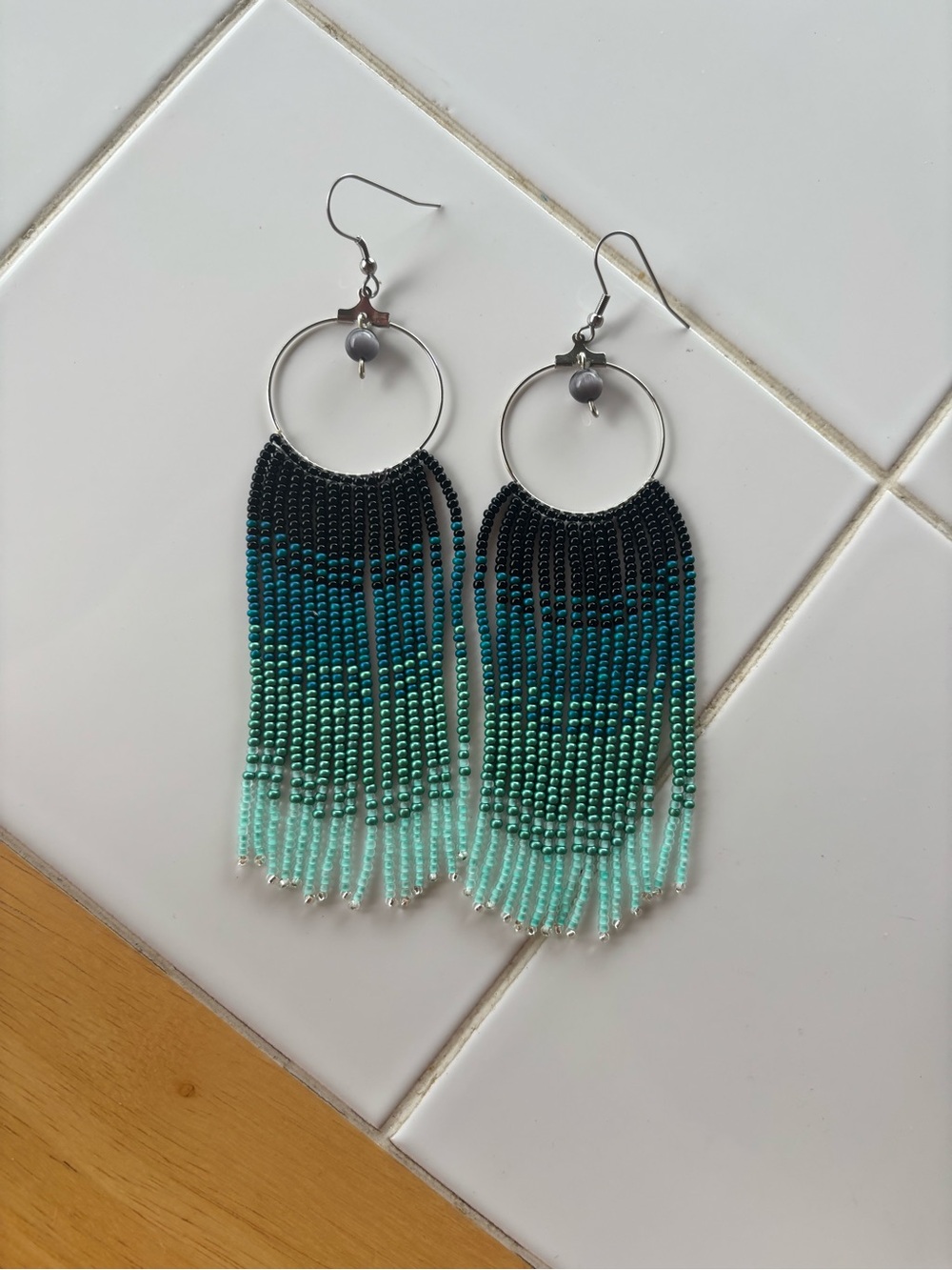 Beaded Fringe Hoop Earrings - Black to Teal Ombre